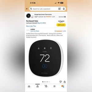 Ecobee Smart Thermostat (Black/White) - Wi‑Fi Enabled Energy Saving Control